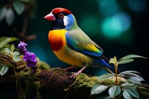 coloré gouldien bouvreuil est perché sur une branche dans une tropical forêt tropicale. ai généré. photo