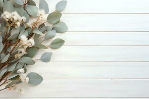 eucalyptus branche avec moderne vase dans méditerranéen blanc environnant. ai généré photo