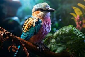 coloré lilas poitrine rouleau est perché sur une branche dans une tropical forêt tropicale. ai généré photo