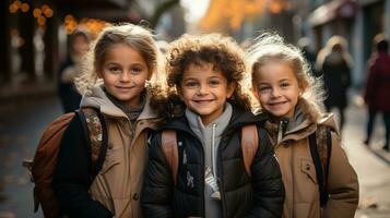 content et excité Jeune les enfants élèves en marchant sur le Campus de leur école - génératif ai. photo