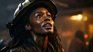 femelle africain américain sapeur pompier portant protecteur casque et équipement à une Feu incident - génératif ai. photo