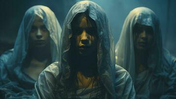 Trois mystérieux adolescent les filles portant soie feuilles plus de leur têtes - génératif ai. photo