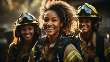 femelle africain américain sapeurs pompiers travail dans le champ - génératif ai. photo