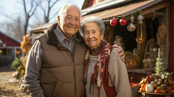 un affectueux content Sénior couple permanent dans de face de leur Noël cabine magasin avec vacances articles. photo