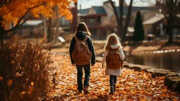 deux Jeune les enfants portant sacs à dos en marchant à école sur une magnifique tomber Matin - génératif ai. photo