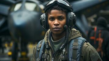 femelle africain américain combattant pilote soldat des stands à l'extérieur sa combattant jet - génératif ai. photo