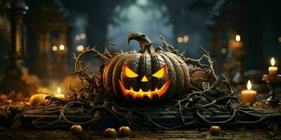 effrayant Halloween citrouille avec une terrifiant sourire. mal jack o' lanterne sur effrayant Contexte. génératif ai photo