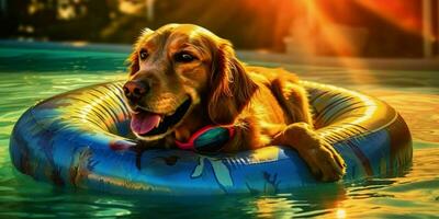 une chien relaxant sur une nager bague dans une bassin. génératif ai photo