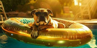 une chien relaxant sur une nager bague dans une bassin. génératif ai photo