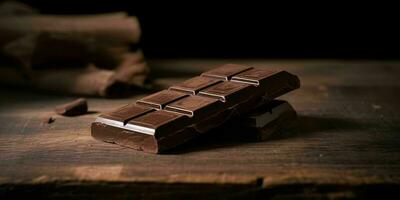 pièces de foncé Chocolat sur en bois tableau. délicieux Chocolat bar. génératif ai photo