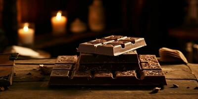 pièces de foncé Chocolat sur en bois tableau. délicieux Chocolat bar. génératif ai photo