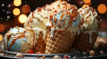 délicieux caramel la glace crème, la glace crème et gaufre tasses photo