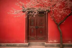 Sakura rouge mur porte maison. produire ai photo