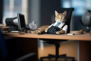 somnolent chat dans Bureau chaise. produire ai photo