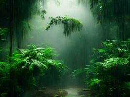 mousson pluie forêt avec podium Contexte ai génératif photo