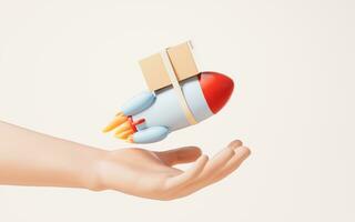 dessin animé fusée porter une boîte dans une main, 3d le rendu. photo