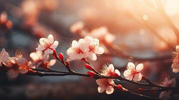 Cerise fleur dans printemps - délicat rose fleurit sur doux arrière-plan, parfait pour sur le thème du Japon conception, copie espace inclus génératif ai photo