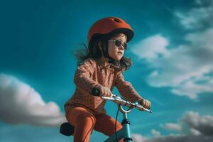 petit fille bicyclette balade dans casque. produire ai photo