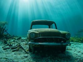 vieux rouillé voiture avec une cassé épave sur le plage photo