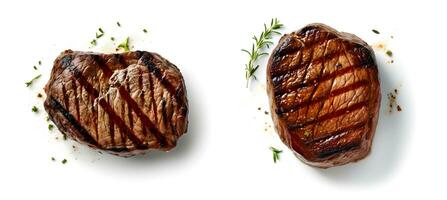 délicieux grillé steaks sur une nettoyer blanc arrière-plan, ai généré photo