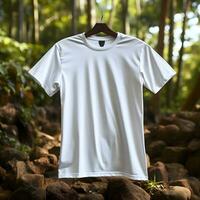 plaine blanc T-shirt maquette avec forêt Contexte pour la nature et en relation thème, ai généré photo