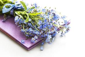 fleurs myosotis et cahier photo