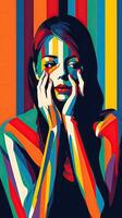 coloré postmoderne portrait de une femme avec rayé mains photo