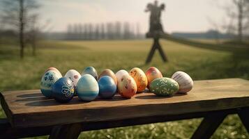 coloré Pâques des œufs célébrer printemps sur vert herbe Prairie photo