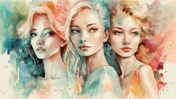 Trois joyeux femmes dans doux aquarelle illustration photo