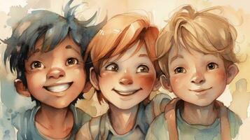 Trois joyeux et diverse garçons dans une doux aquarelle illustration photo