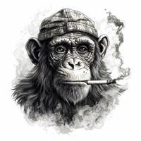 néotraditionnel singe fumeur dans impressionniste travail au noir style sur blanc Contexte photo