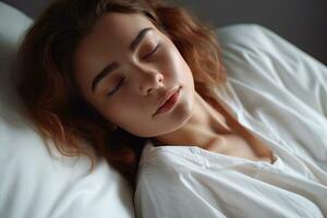 magnifique Jeune femme en train de dormir dans une blanc lit heure du coucher routine photo