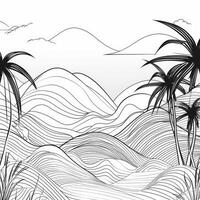 continu ligne art de une tropical paysage avec montagnes mer et paume des arbres photo