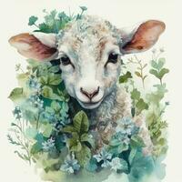 sucré agneau entouré par fleurit et feuillage dans une détaillé aquarelle illustration photo