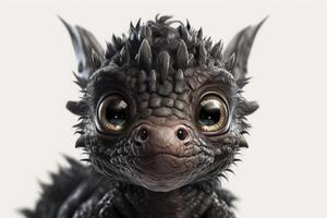 adorable bébé dragon avec gros yeux dans spectaculaire noir art photo