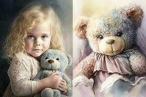 adorable bébé portrait avec doux aquarelle teintes et farci animal photo