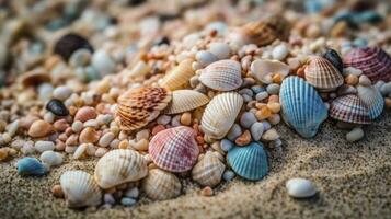 coloré coquillages sur sablonneux plage parfait Contexte pour été vacances photo