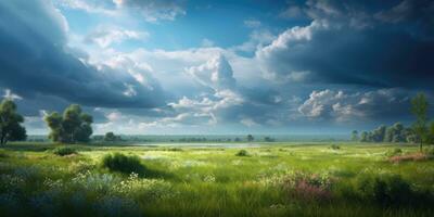 majestueux paysage de luxuriant prés et nuageux bleu ciel photo