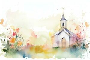 aquarelle Baptême fête carte avec église Cadre photo