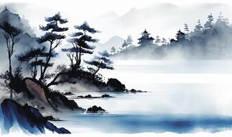 brumeux bleu côtier paysage dans traditionnel Oriental encre La peinture style photo