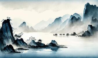 brumeux bleu côtier paysage dans traditionnel Oriental encre La peinture style photo