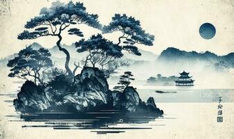 serein brumeux côtier paysage dans traditionnel Oriental encre La peinture style photo