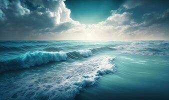 éthéré bleu mer avec doux vagues et nuageux ciel Contexte photo
