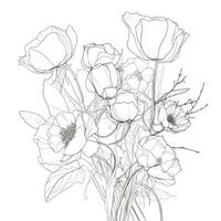 continu ligne dessin de botanique bouquet avec ginkgo Rose et tulipe fleurs photo