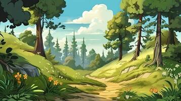 enchanteur forêt Prairie dessin animé scène pour les enfants photo
