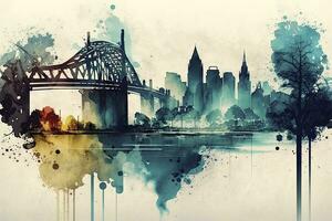 aquarelle paysage urbain avec pont et rivière photo