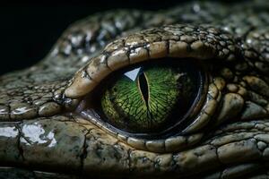 fascinant fermer de une vert crocodile œil avec verticale élève photo