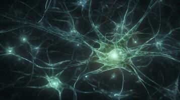 embrasé neurone cellules avec interconnecté noeuds dans bleu et vert photo