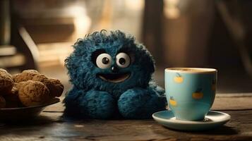 délicieux biscuits et café sur rustique toile de jute table avec mignonne bleu monstre photo
