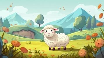 adorable dessin animé mouton pâturage dans une luxuriant Prairie photo